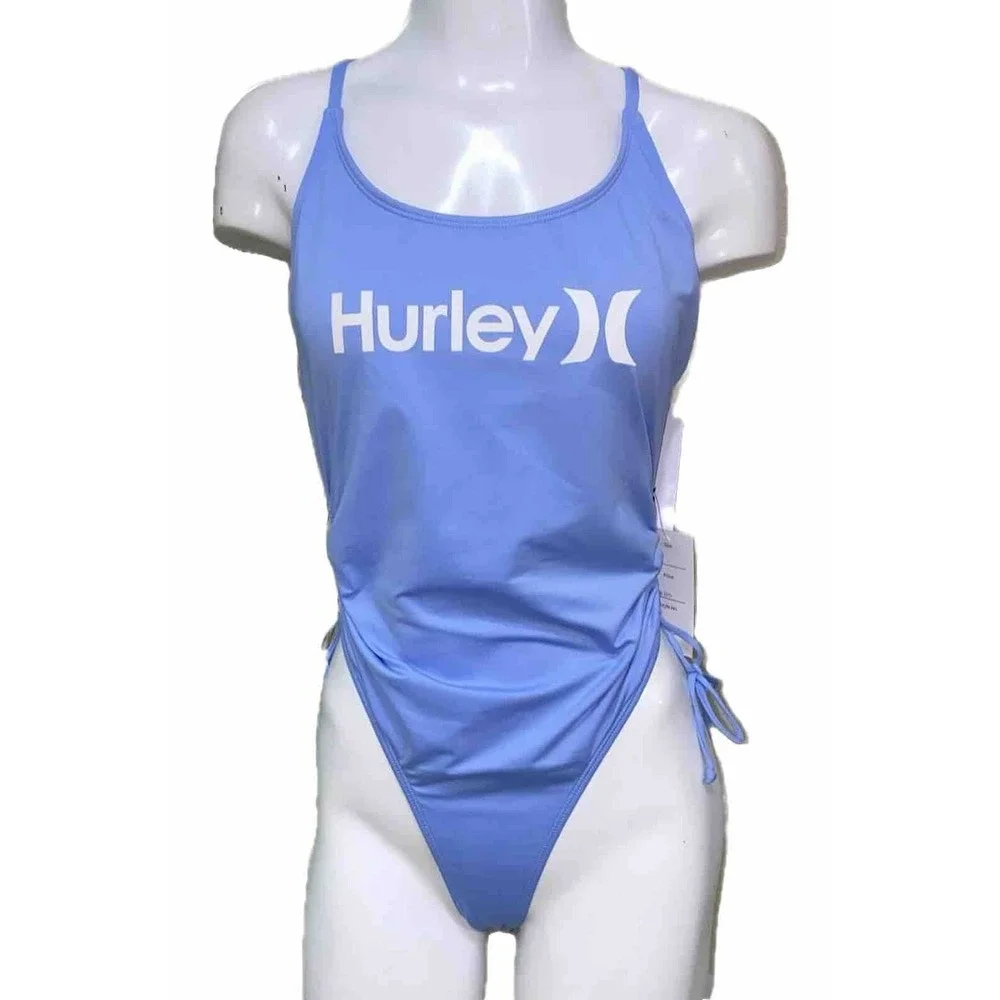 NWT Hurley Light Blue One Piece Swimsuit Front Logo Ruched Sides HURN23017 LARGE